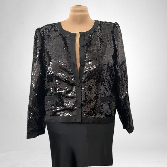 RYEGRASS Black Sequin Evening Jacket Puff Sleeve Shoulder Pads, NWT. Size XXL - Picture 1 of 11
